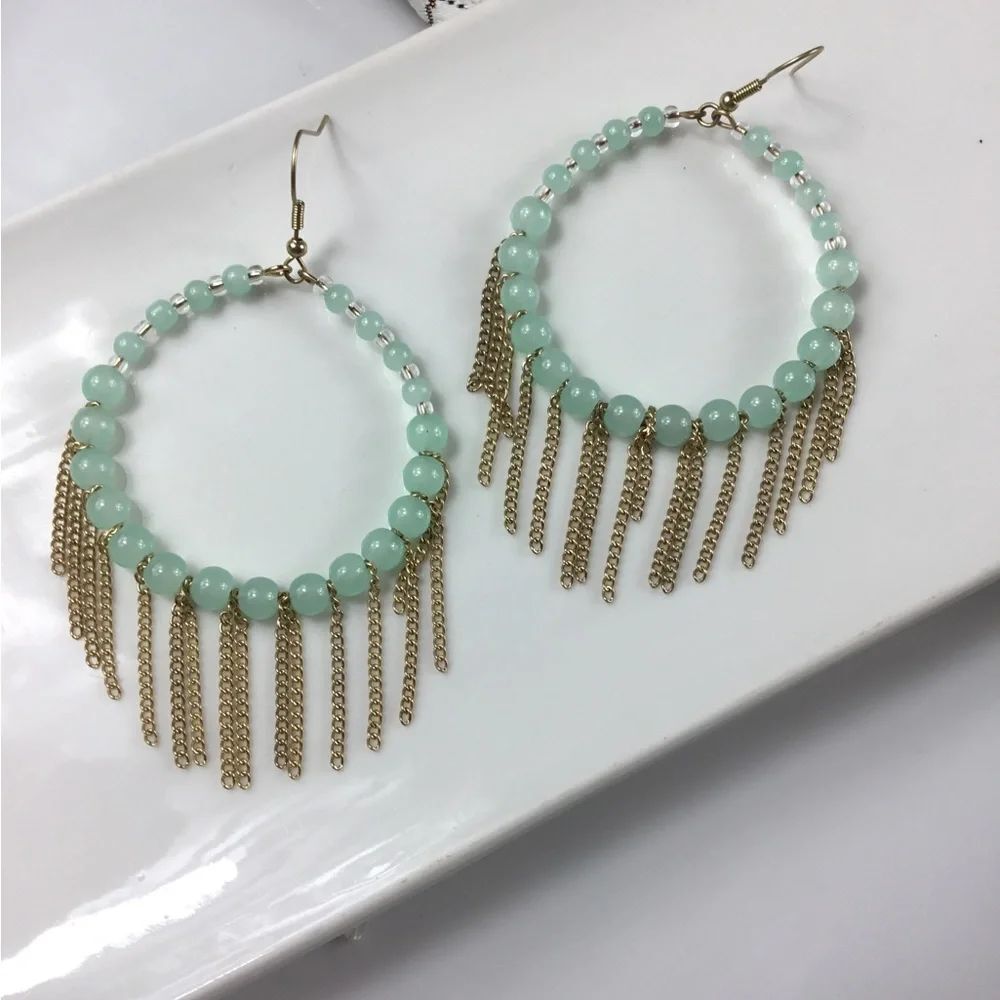 Boheme Mint Beaded Hoop Earrings with Gold Fringe